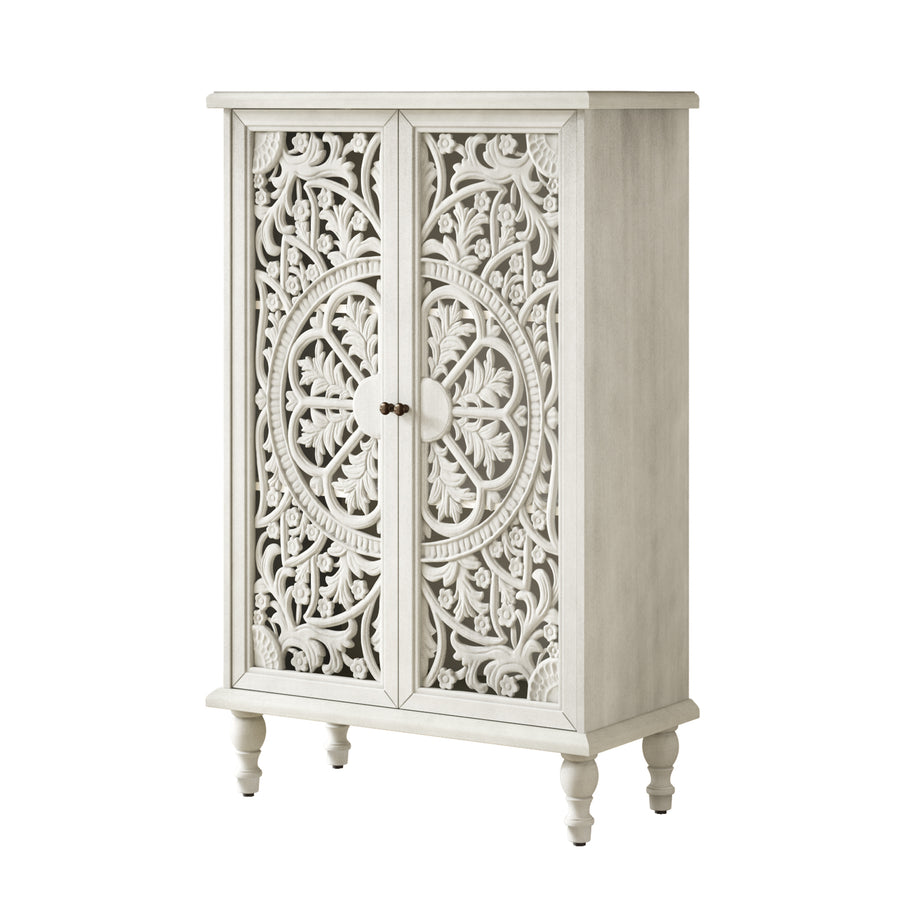 Farmhouse Accent Cabinet with Carved Hollow Doors and Turned Legs, Antique White, view 15