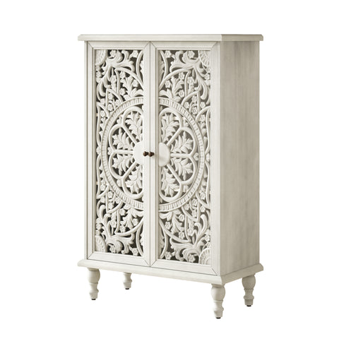 Farmhouse Accent Cabinet with Carved Hollow Doors and Turned Legs, Antique White, view 15