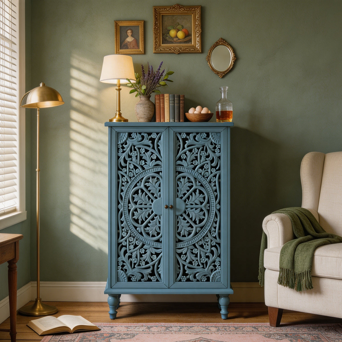 Farmhouse Accent Cabinet with Carved Hollow Doors and Turned Legs, Antique Blue