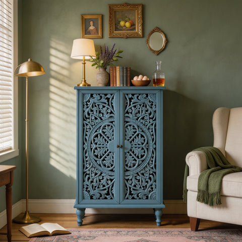 Farmhouse Accent Cabinet with Carved Hollow Doors and Turned Legs, Antique Blue