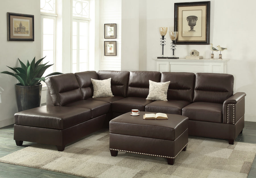 New Espresso Faux Leather 3-Piece Reversible Sectional Sofa Set with Chaise & Ottoman
