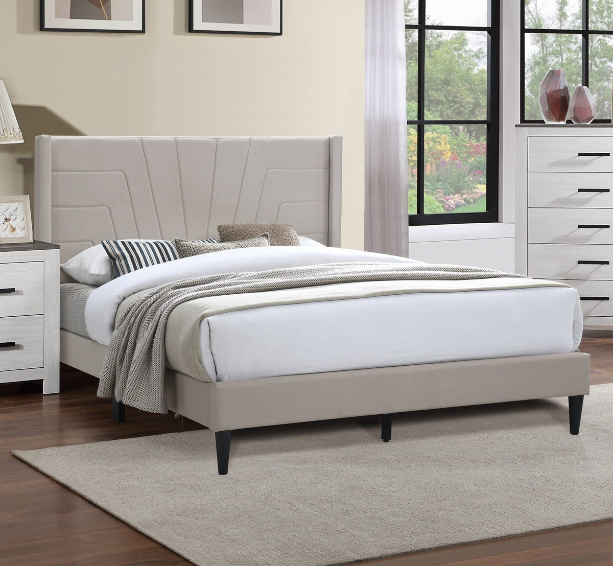 Queen Upholstered Platform Bed with Channel-Tufted Headboard, Light Brown
