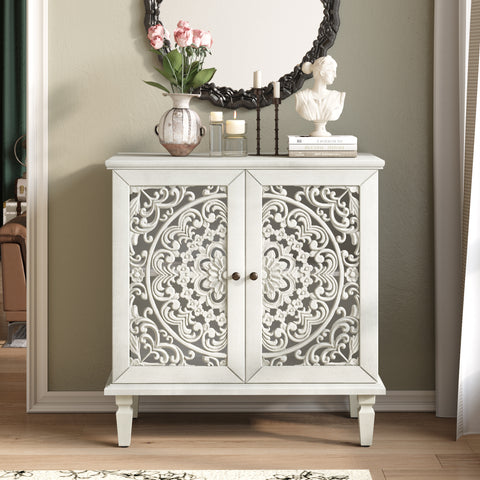 Vintage Accent Cabinet with Carved Floral Doors and Solid Wood Legs, Antique Gray