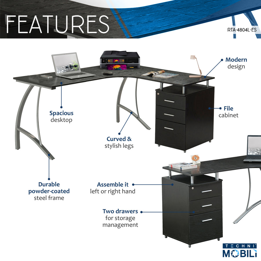 59" Espresso L-Shaped Desk with File Cabinet - product image 3