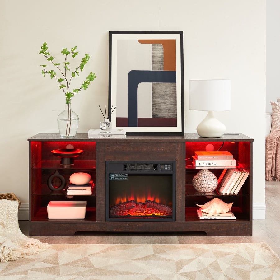 Electric Fireplace TV Stand with LED Lights and Glass Shelves, Espresso, view 4