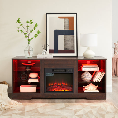 Electric Fireplace TV Stand with LED Lights and Glass Shelves, Espresso, view 4