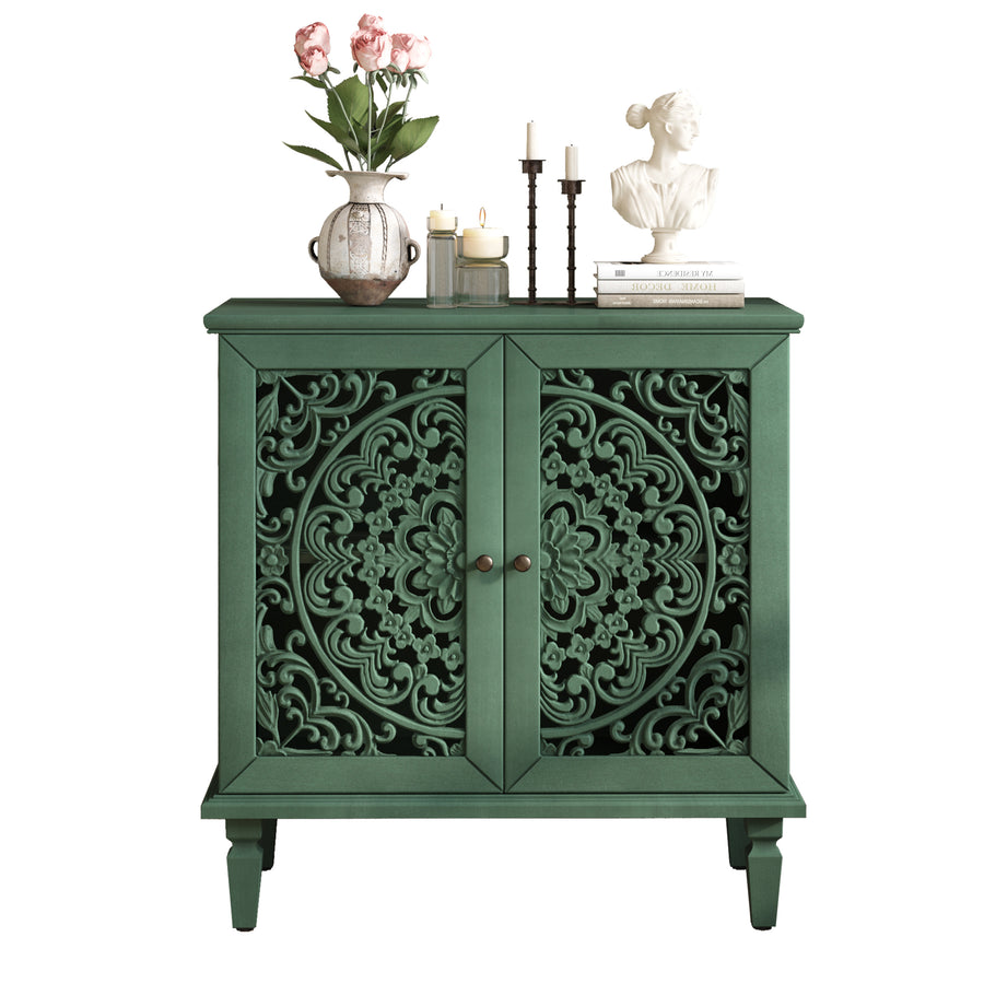 Vintage Accent Cabinet with Carved Floral Doors and Solid Wood Legs, Antique Green, view 16