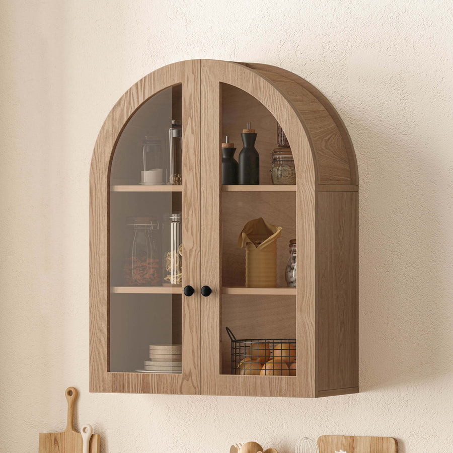 Arched Wall Cabinet with Tempered Glass Doors, Light Brown, view 2