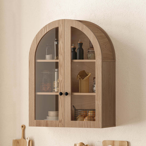 Arched Wall Cabinet with Tempered Glass Doors, Light Brown, view 2