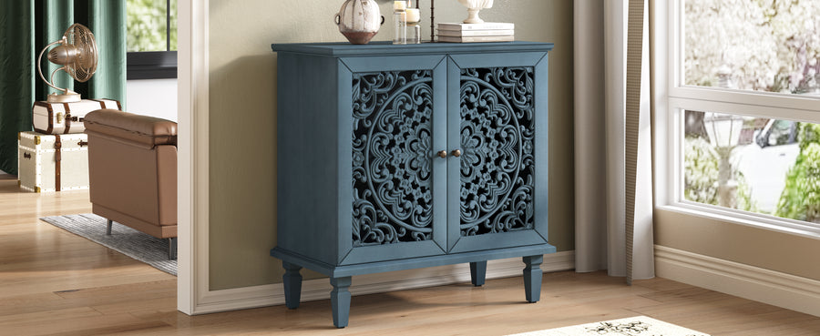 Vintage Accent Cabinet with Carved Floral Doors and Solid Wood Legs, Antique Blue, view 12