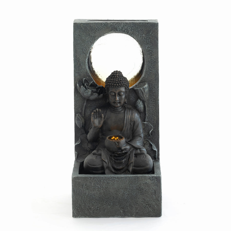 Buddha Waterfall Fountain with LED Light, 28 in Black Resin Garden Fountain