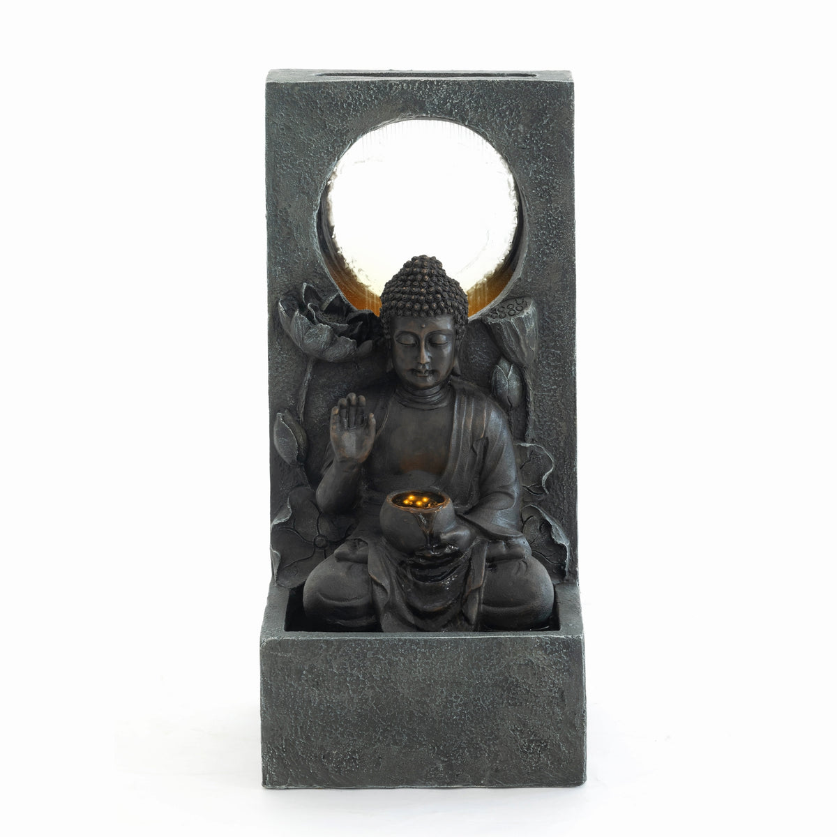 Buddha Waterfall Fountain with LED Light, 28 in Black Resin Garden Fountain