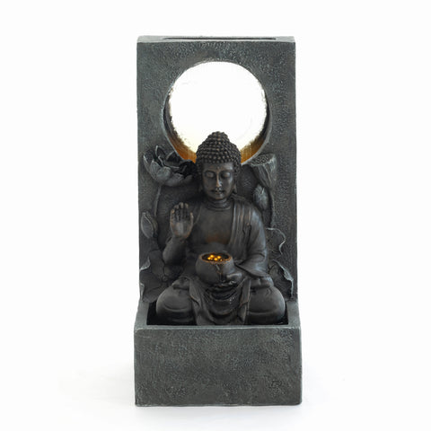 Buddha Waterfall Fountain with LED Light, 28 in Black Resin Garden Fountain
