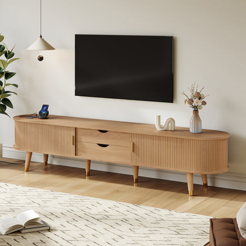 Fluted Oval TV Stand with Charging Station, 75" Mid-Century Media Console with Sliding Tambour Doors, Natural