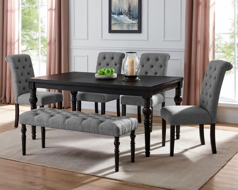 6-Pcs Urban Style Dining Set – Dark Wash Wood Table, 4 Chairs & Bench
