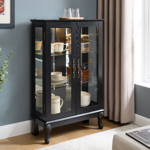 Lighted Curio Cabinet with Tempered Glass Doors and Mirrored Back, Black, view 6