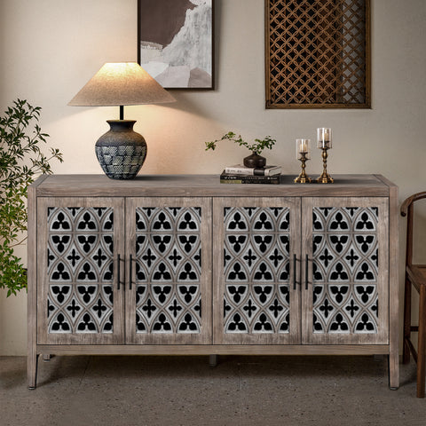 Rustic Sideboard with 4 Carved Hollow Doors, Antique Brown