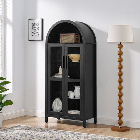 Arched Display Cabinet with Built-In Light and Adjustable Glass Shelves, Black, view 3