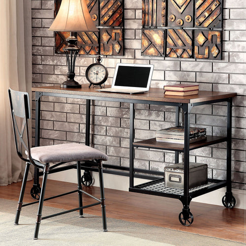 Industrial Metal Desk with Wire Shelving and Caster Wheels, 48" Wood-Look Top, Antique Black
