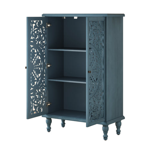 Farmhouse Accent Cabinet with Carved Hollow Doors and Turned Legs, Antique Blue, view 13
