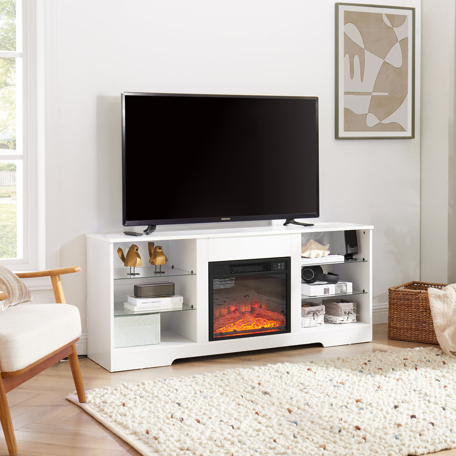 Electric Fireplace TV Stand with LED Lights and Glass Shelves, White, view 5