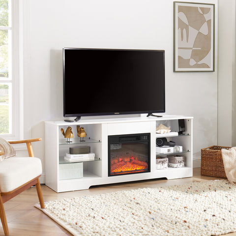 Electric Fireplace TV Stand with LED Lights and Glass Shelves, White, view 5