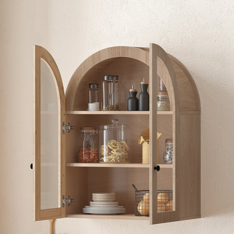 Arched Wall Cabinet with Tempered Glass Doors, Light Brown, view 3