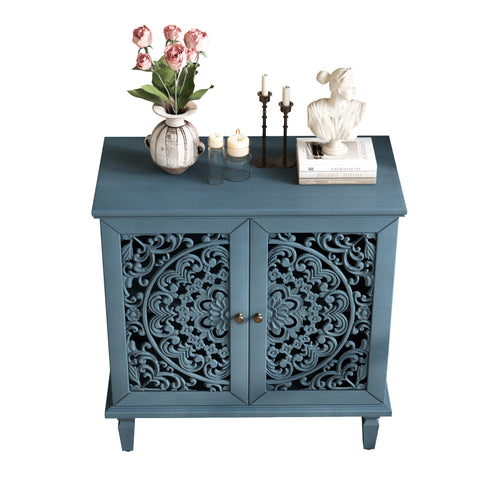 Vintage Accent Cabinet with Carved Floral Doors and Solid Wood Legs, Antique Blue, view 14