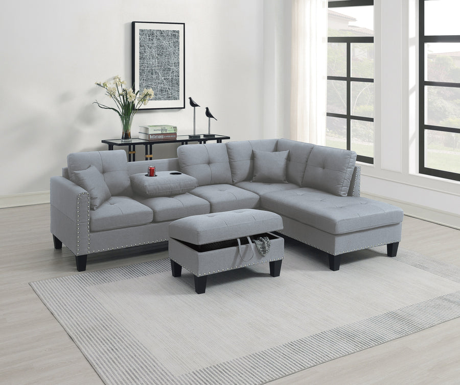 Taupe Grey Linen-Like Fabric 3-Piece Sectional Sofa Set | LAF Sofa, RAF Chaise & Storage Ottoman with Cup Holder