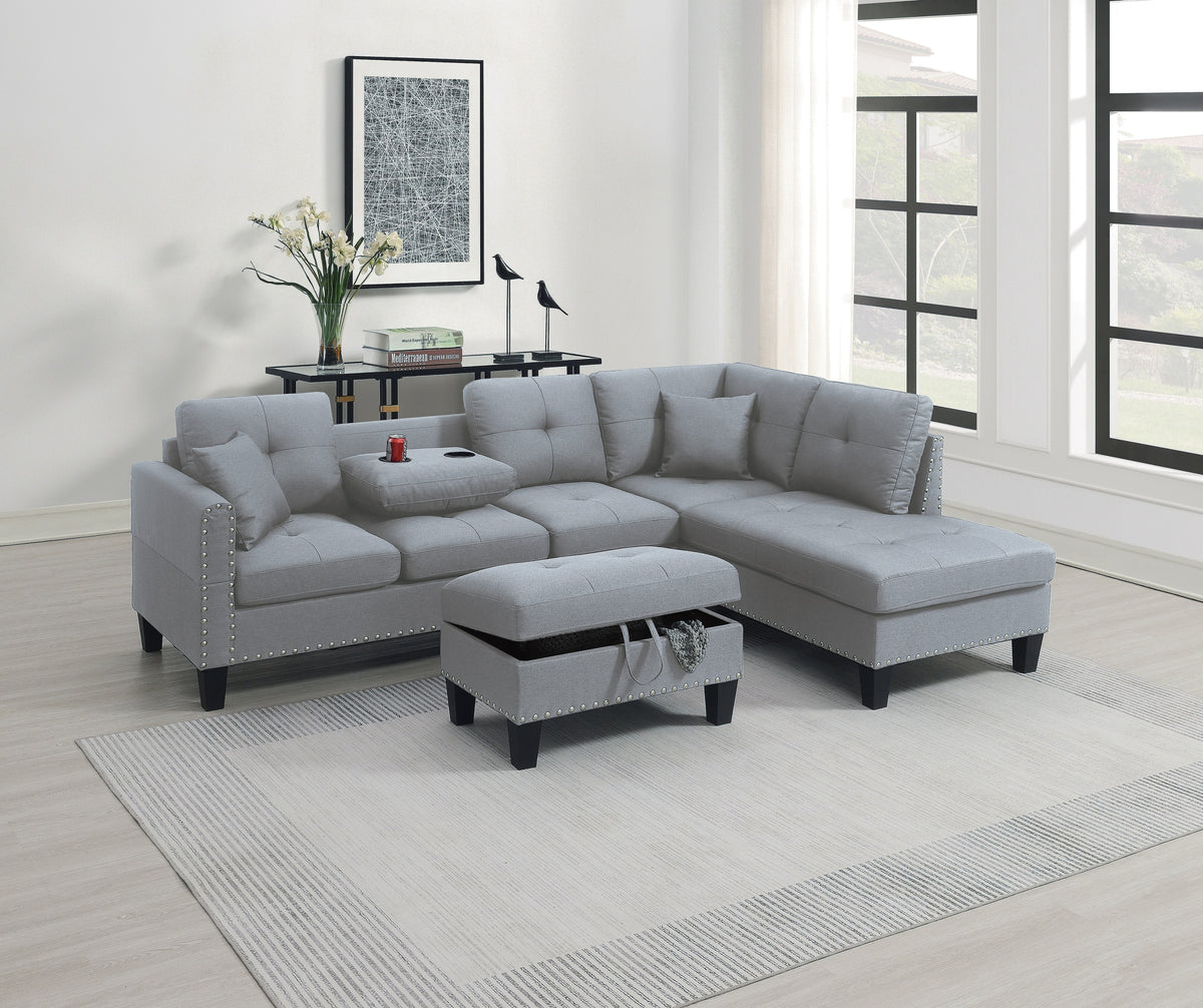 Taupe Grey Linen-Like Fabric 3-Piece Sectional Sofa Set | LAF Sofa, RAF Chaise & Storage Ottoman with Cup Holder