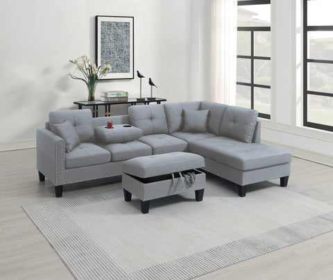 Taupe Grey Linen-Like Fabric 3-Piece Sectional Sofa Set | LAF Sofa, RAF Chaise & Storage Ottoman with Cup Holder