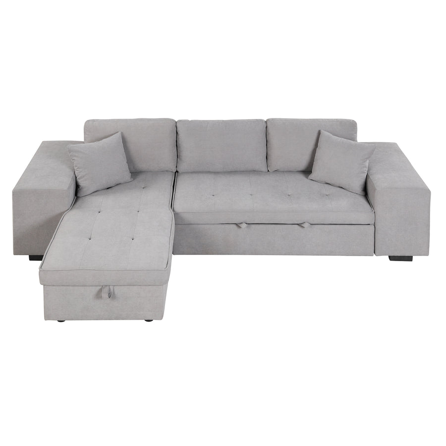 104.5" Gray Linen Reversible L-Shape Sleeper Sofa - Storage Chaise & Stools