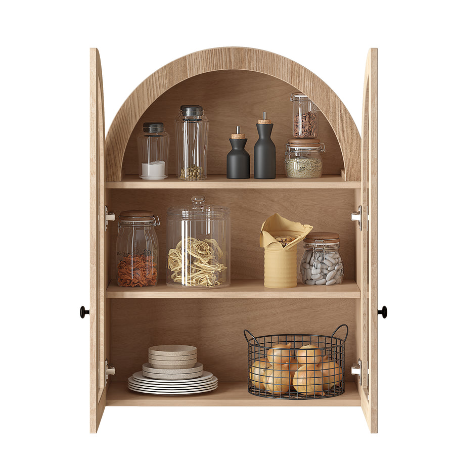 Arched Wall Cabinet with Tempered Glass Doors, Light Brown, view 9