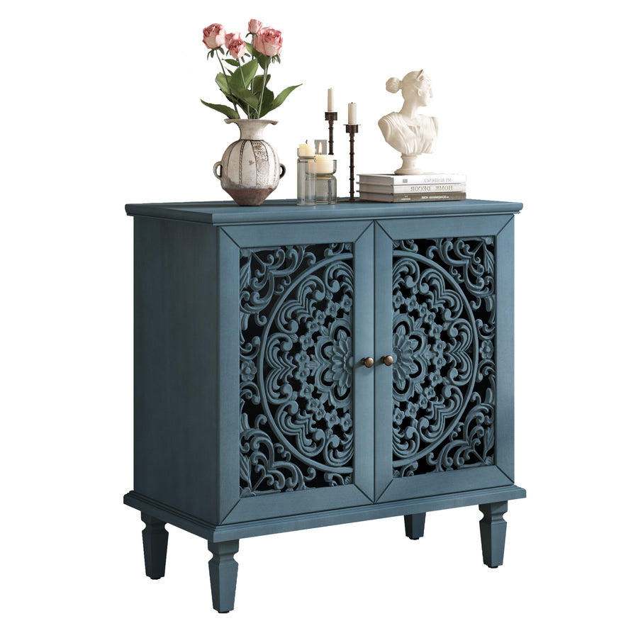 Vintage Accent Cabinet with Carved Floral Doors and Solid Wood Legs, Antique Blue, view 13