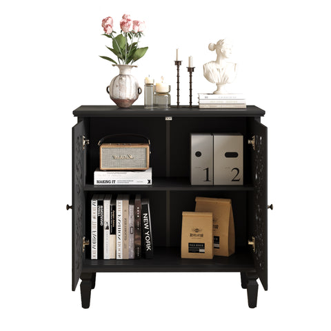 Vintage Accent Cabinet with Carved Floral Doors and Solid Wood Legs, Black, view 14
