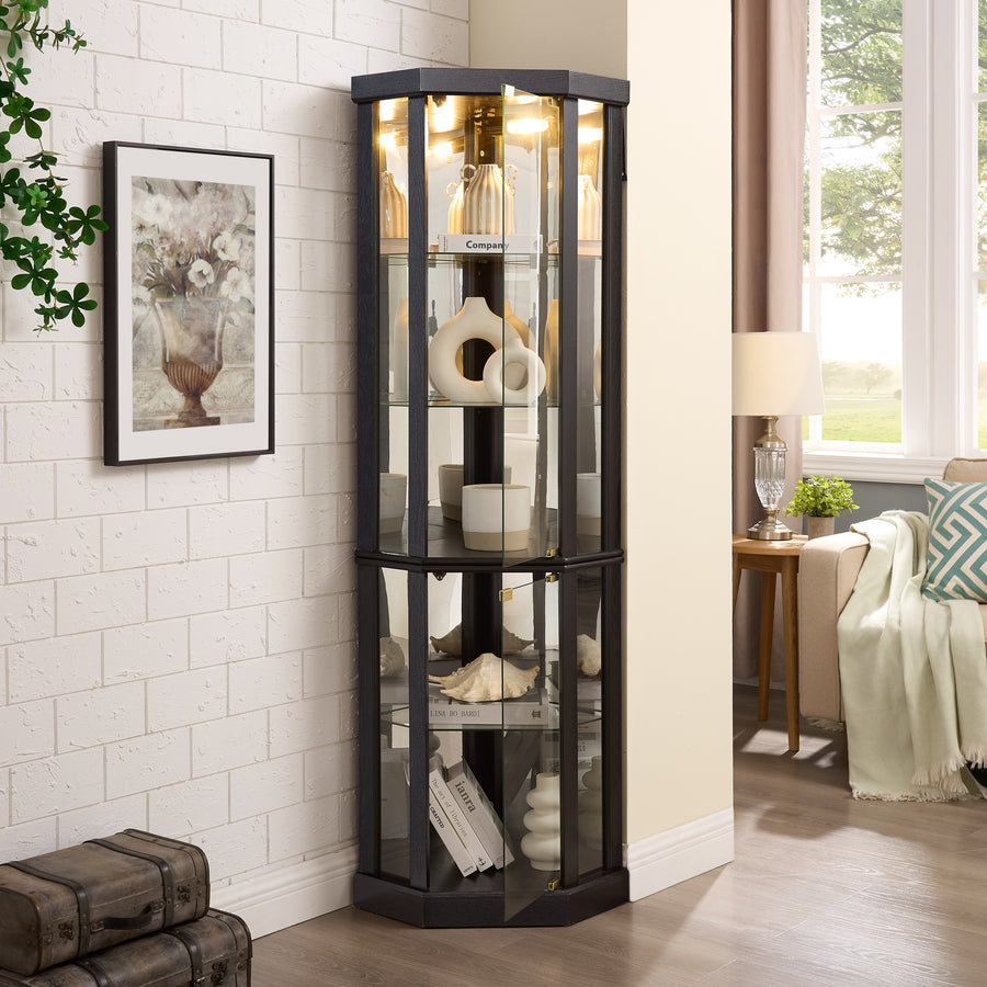 Lighted Corner Curio Cabinet with Glass Doors and Mirrored Back, Black, view 5
