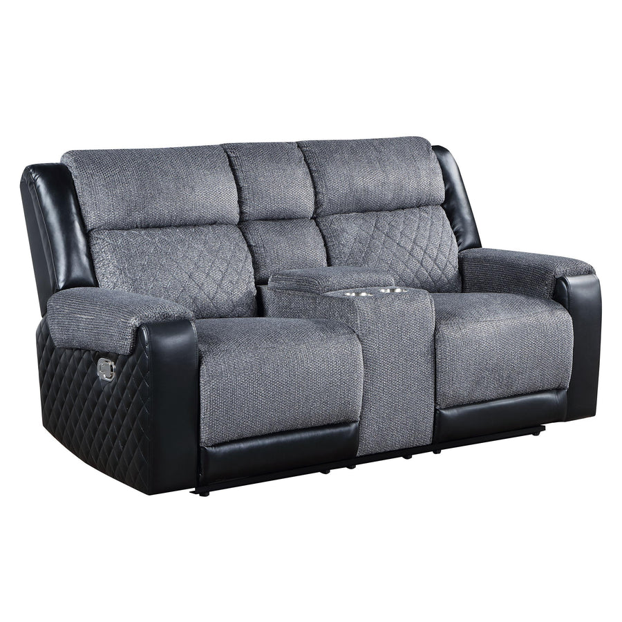 Alicia Transitional Console Reclining Loveseat with Two-Toned Gray Fabric and Faux Leather