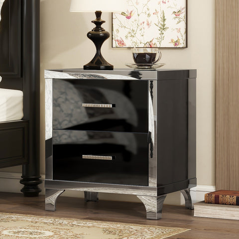 Black High Gloss 2-Drawer Nightstand with Metal Handles – Mirrored Bedside Table for Bedroom or Living Room