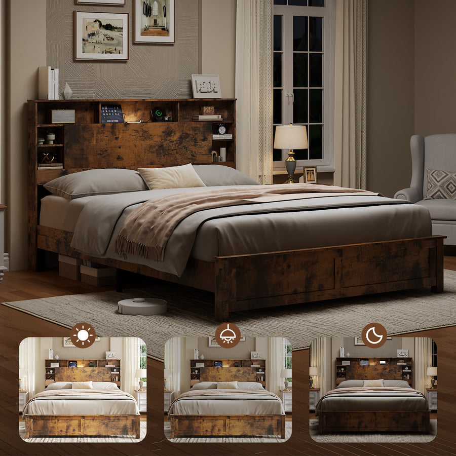 Queen Bed Frame with Bookcase Headboard, Dark Brown, view 5