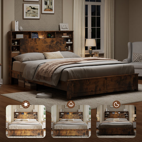 Queen Bed Frame with Bookcase Headboard, Dark Brown, view 5