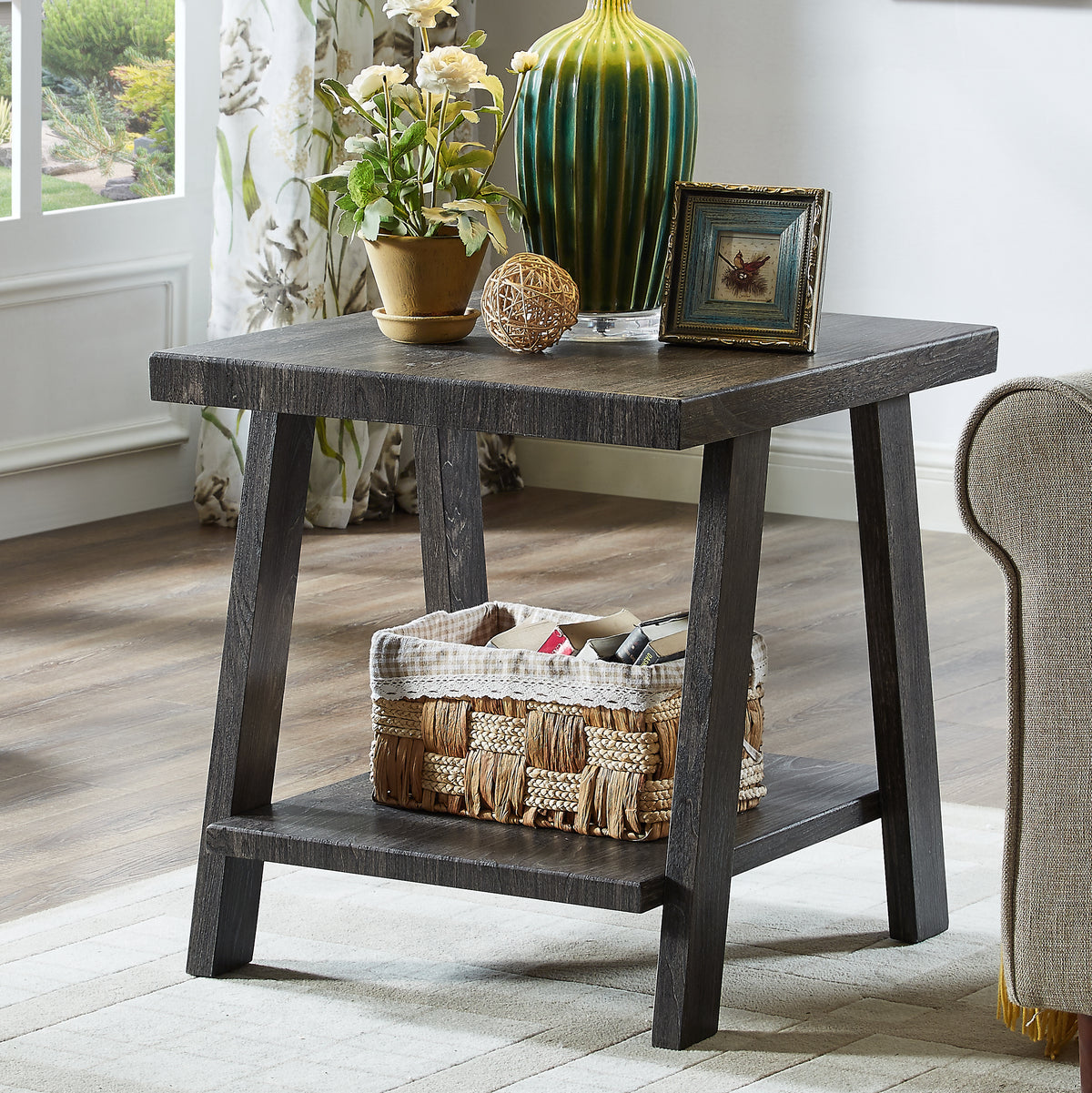 Athens Contemporary Charcoal End Table - Replicated Wood with Shelf