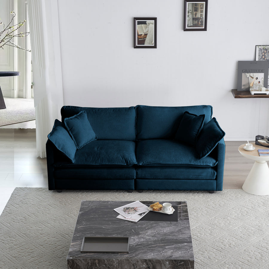 Blue & White Chenille 4-Piece Modular Sectional Sofa Set | 5-Seater U/L-Shaped Convertible Couch with Loveseat & 4 Pillows
