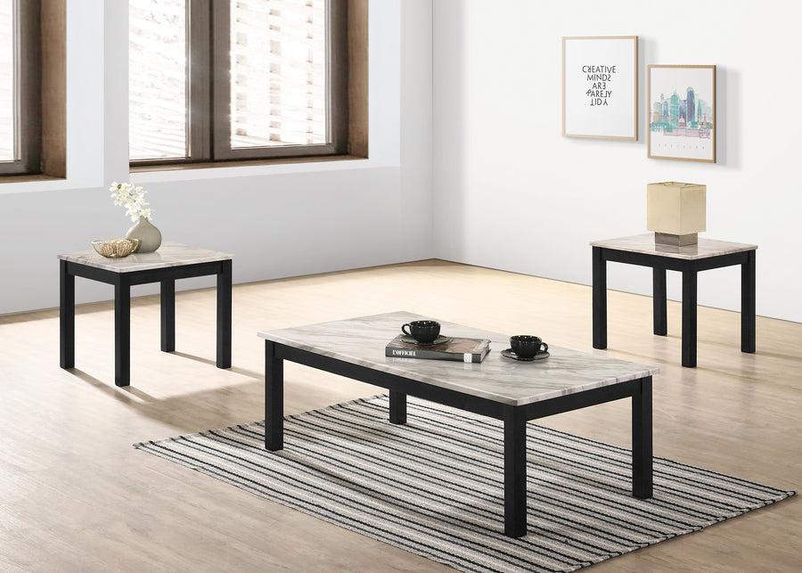 3PC Majestic White Faux Marble Coffee Table Set - 2 End Tables Black Legs