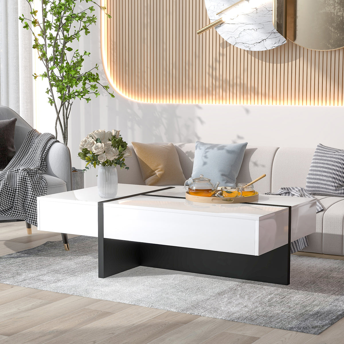 ON-TREND Contemporary High Gloss Rectangle Cocktail Table - Living Room Center Table