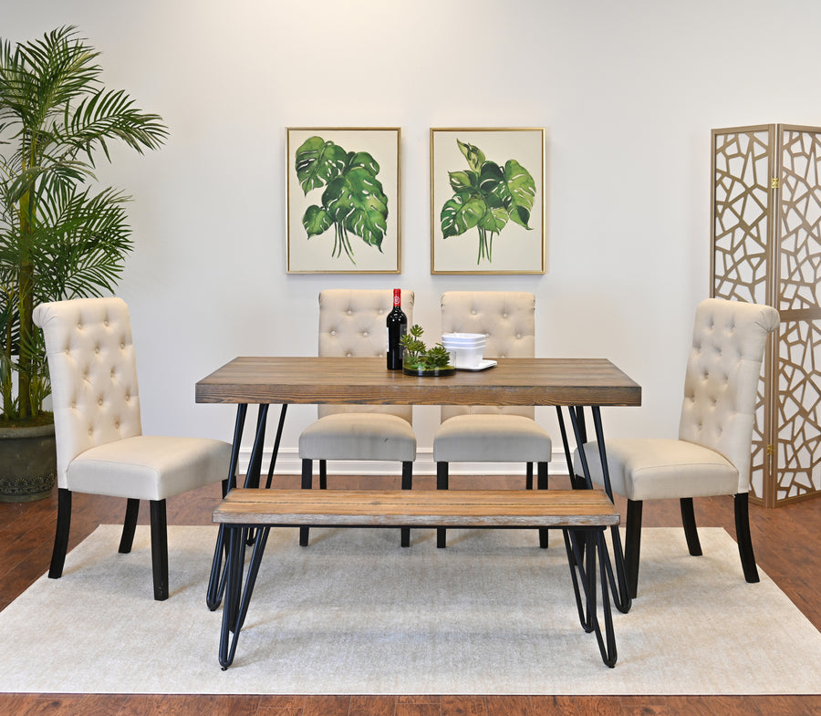 6-Piece Retro Farmhouse Dining Set – Natural Wood Table with Rattan-Back Chairs & Bench