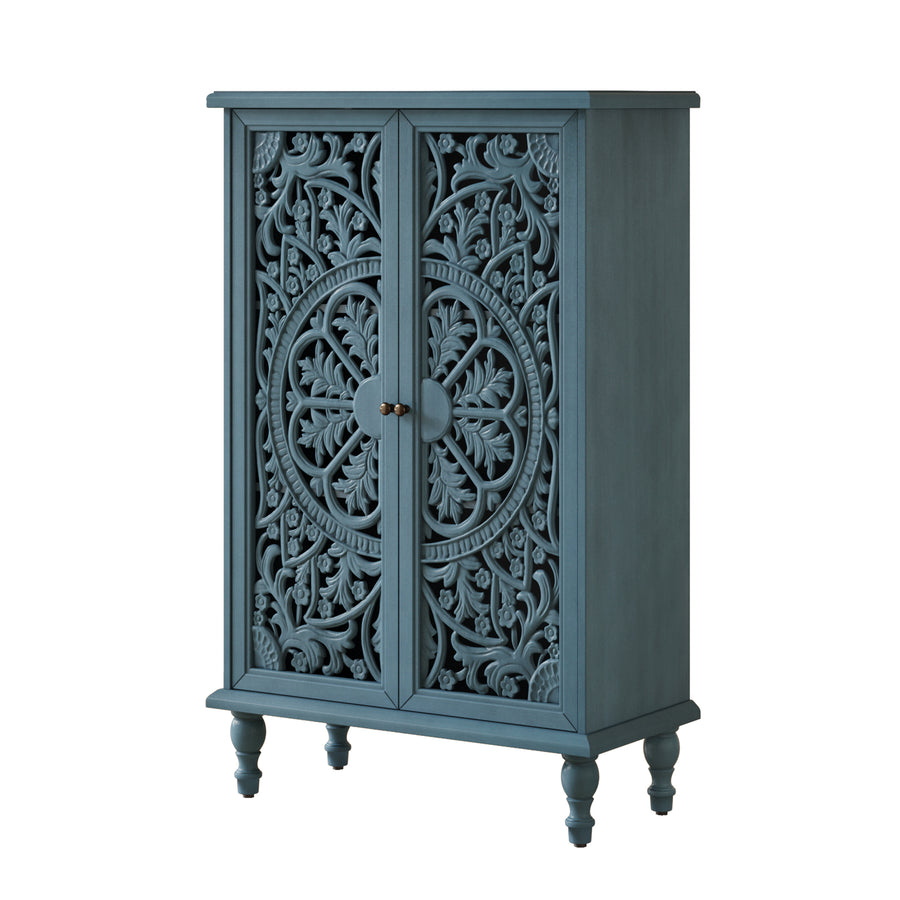 Farmhouse Accent Cabinet with Carved Hollow Doors and Turned Legs, Antique Blue, view 16