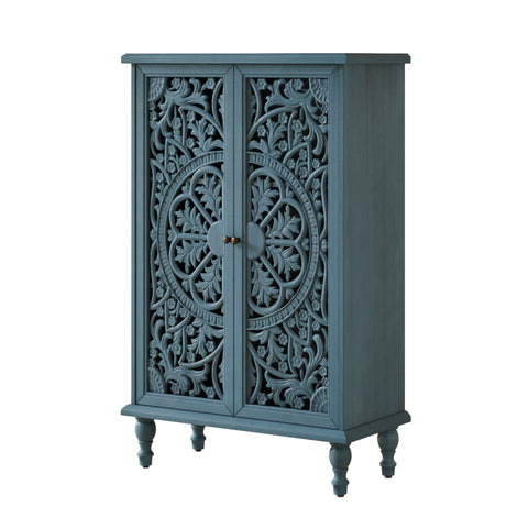Farmhouse Accent Cabinet with Carved Hollow Doors and Turned Legs, Antique Blue, view 16