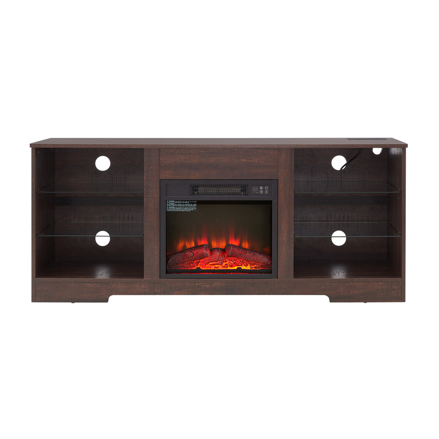 Electric Fireplace TV Stand with LED Lights and Glass Shelves, Espresso, view 12