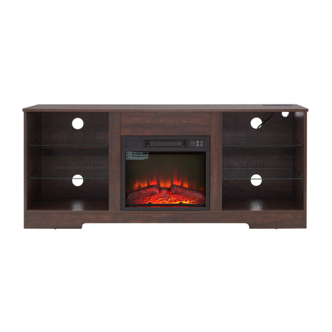 Electric Fireplace TV Stand with LED Lights and Glass Shelves, Espresso, view 12