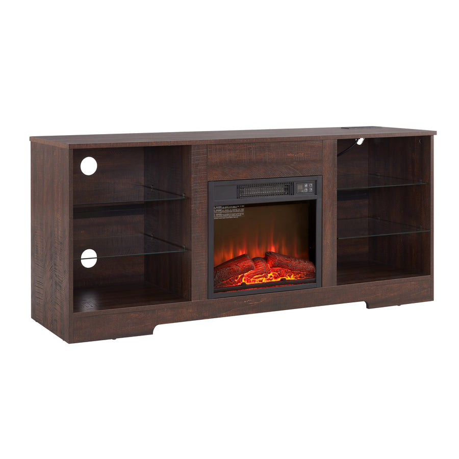 Electric Fireplace TV Stand with LED Lights and Glass Shelves, Espresso, view 13